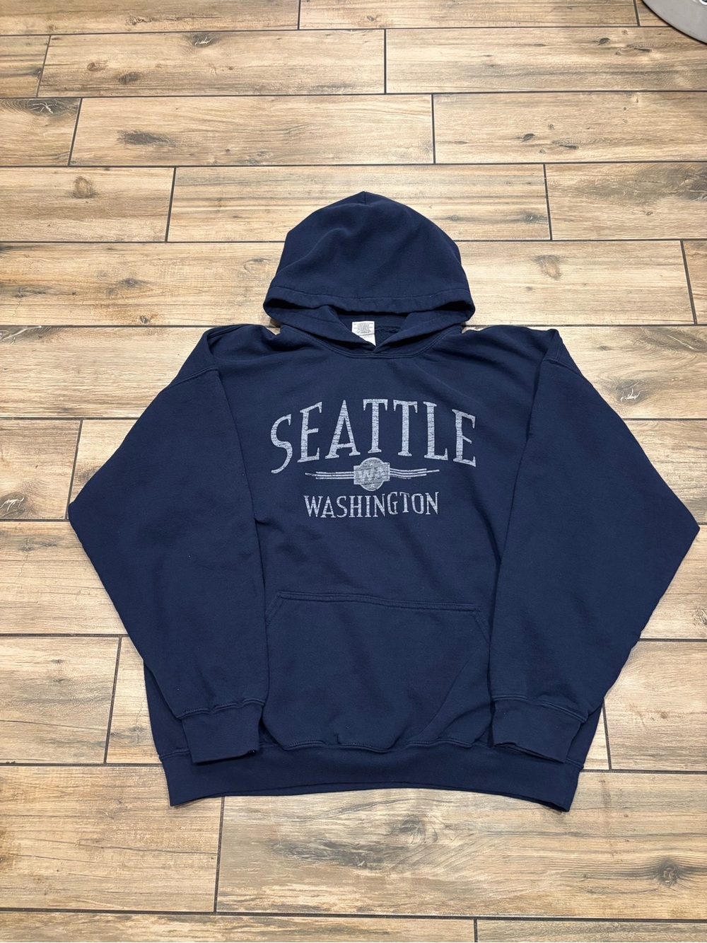Vintage Seattle Washington Hoodie Navy Blue Gildan Heavy Blend Size XL